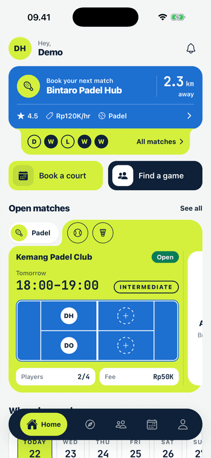 PadelClub home screen with next match and open matches