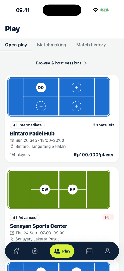 PadelClub open play tab